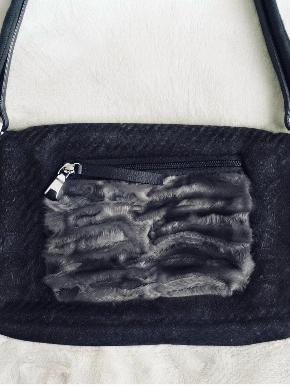 Authentic Prada Vintage Wool & Lamb Fur Crossbody Bag w/ Card